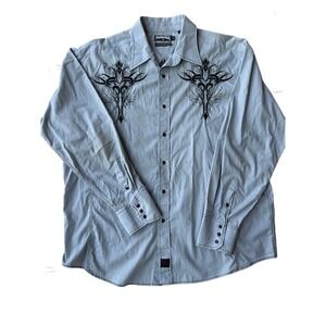 Panhandle‎ Slim Mens XL Western Snap Shirt Tribal Cross Embroidered Gray